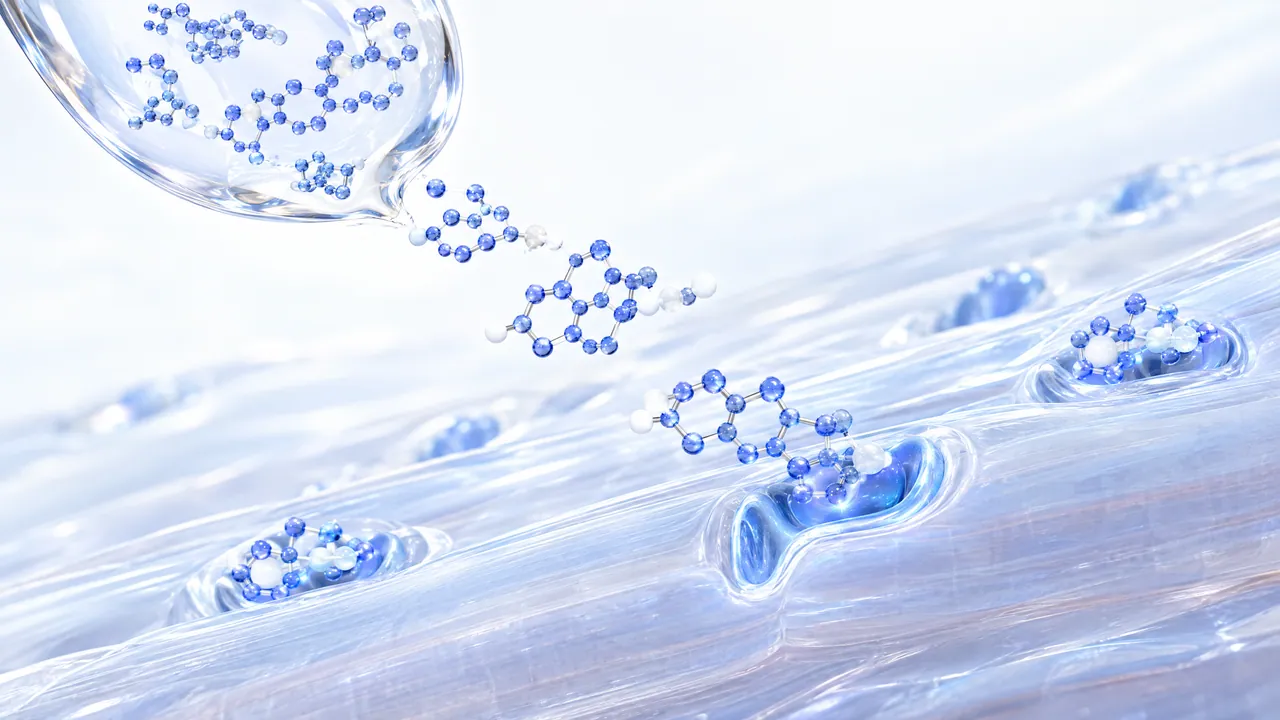 A glass droplet full of blue 3D molecules releases single molecules onto a glossy surface with small hollows