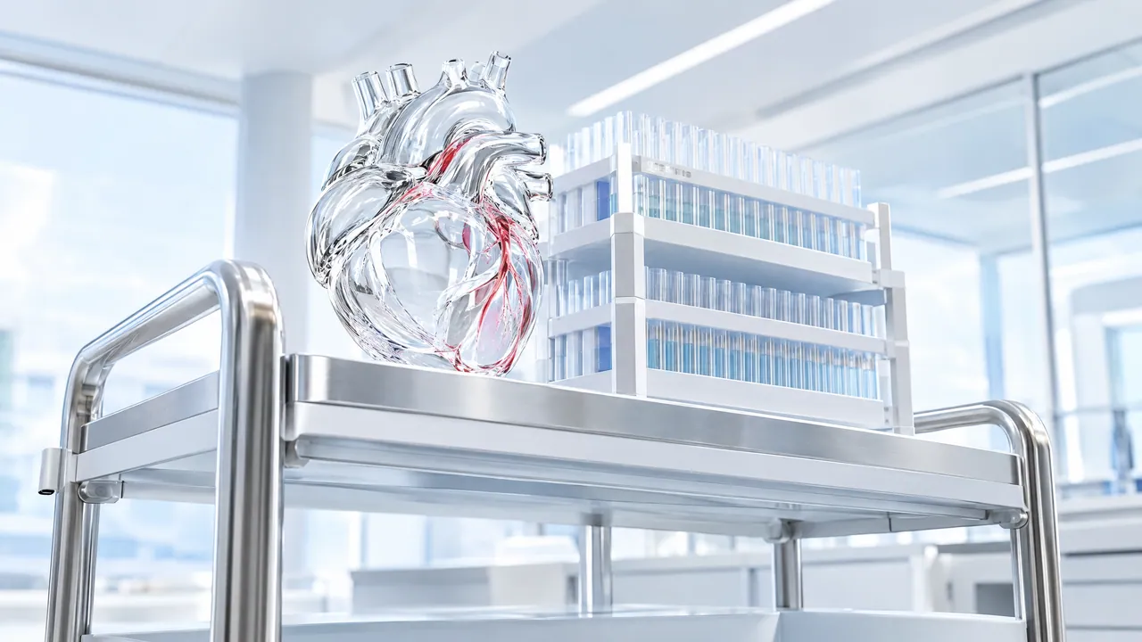Glass heart model with red vessels next to a rack full of sample tubes on a lab trolley