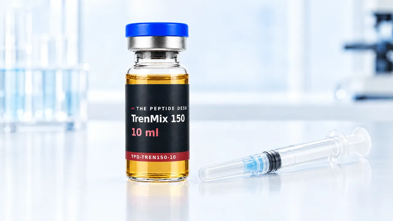 Glass vial with golden oil, a blue cap and a black TPD label for TrenMix 150, a disposable syringe beside it