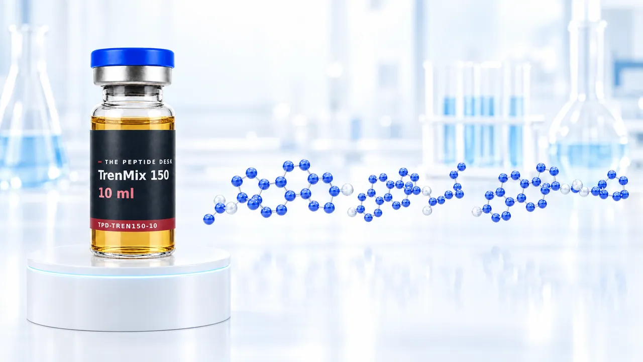 Glass vial with golden oil on a white podium, next to it a glossy blue 3D molecule, symbolic image for TrenMix 150