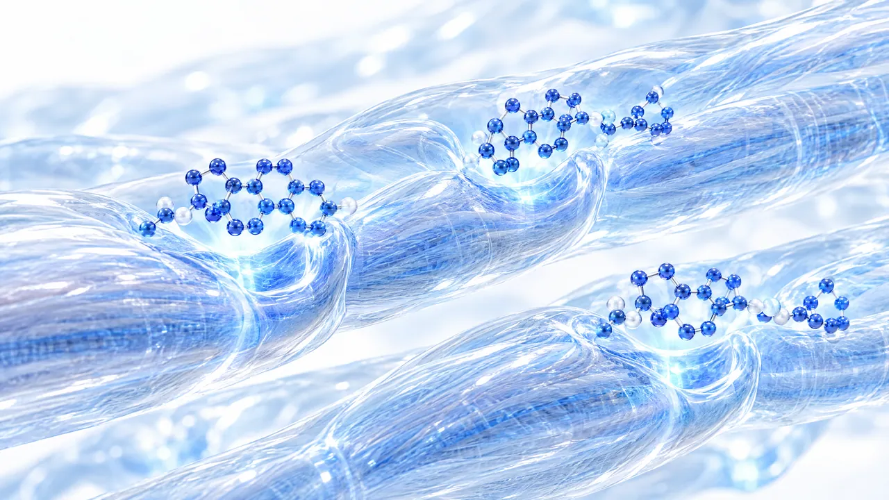 Glass muscle fibres with hollows where blue steroid molecules dock and light up