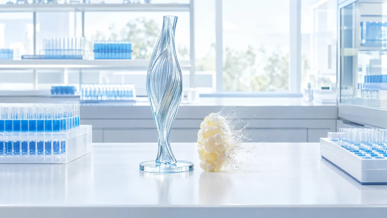 Twisted glass muscle sculpture next to a cluster of yellow fat cells breaking up into particles, on a bright lab bench with sample racks