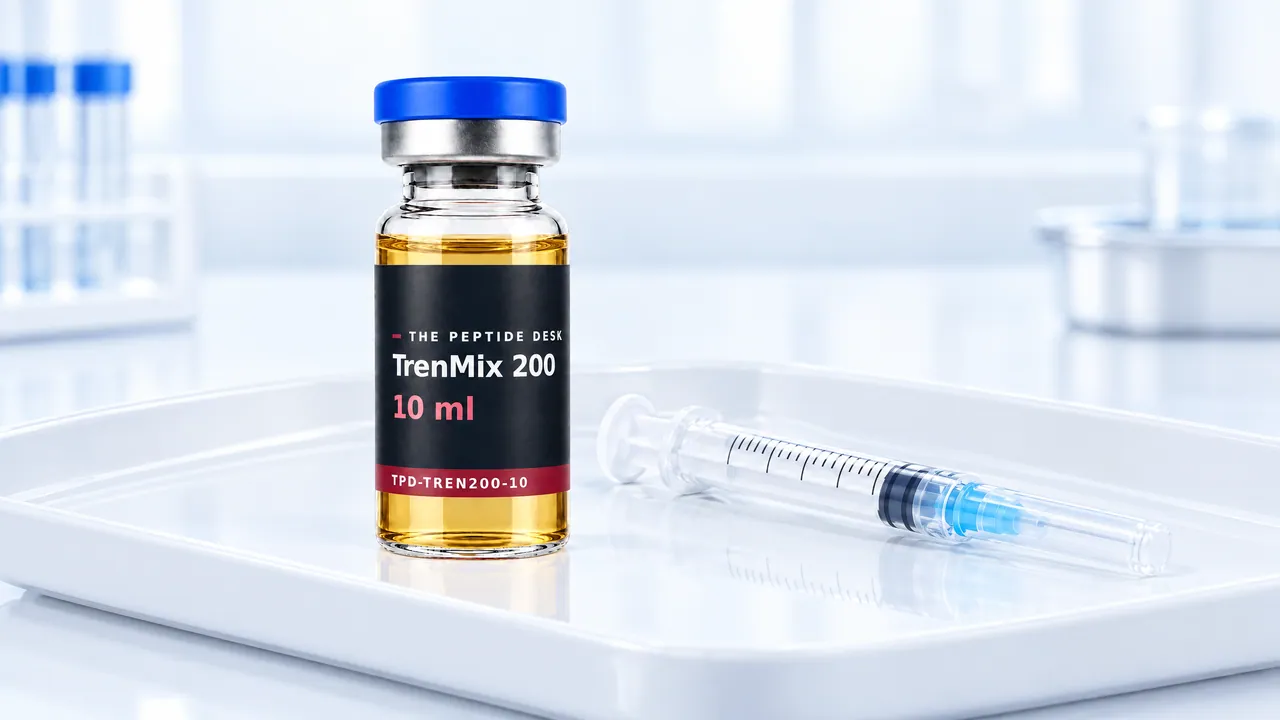 Glass vial with golden oil, a blue cap and a black TPD label for TrenMix 200, a disposable syringe beside it on a white tray