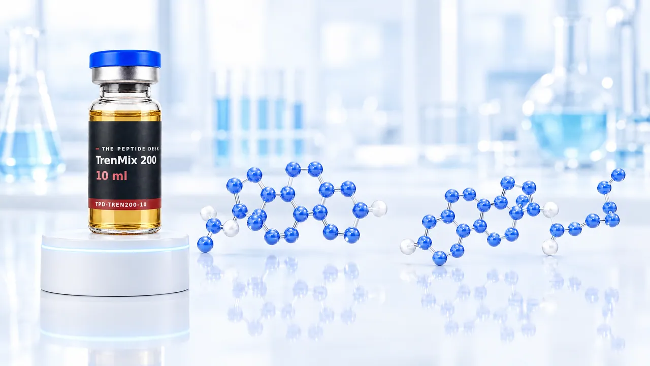 Glass vial with golden oil on a white podium, next to it a glossy blue 3D molecule, symbolic image for TrenMix 200