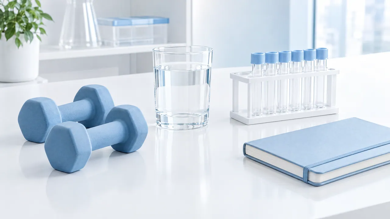 Two light blue dumbbells, a glass of water, a rack of sample tubes and a light blue notebook on a white table