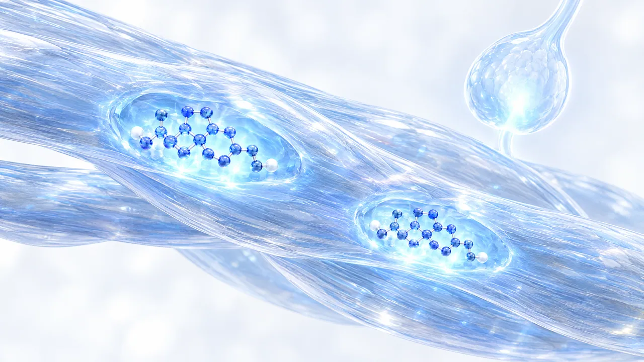 Glass muscle fibres with two glowing hollows full of blue molecules, a glass droplet on a stalk at the top right