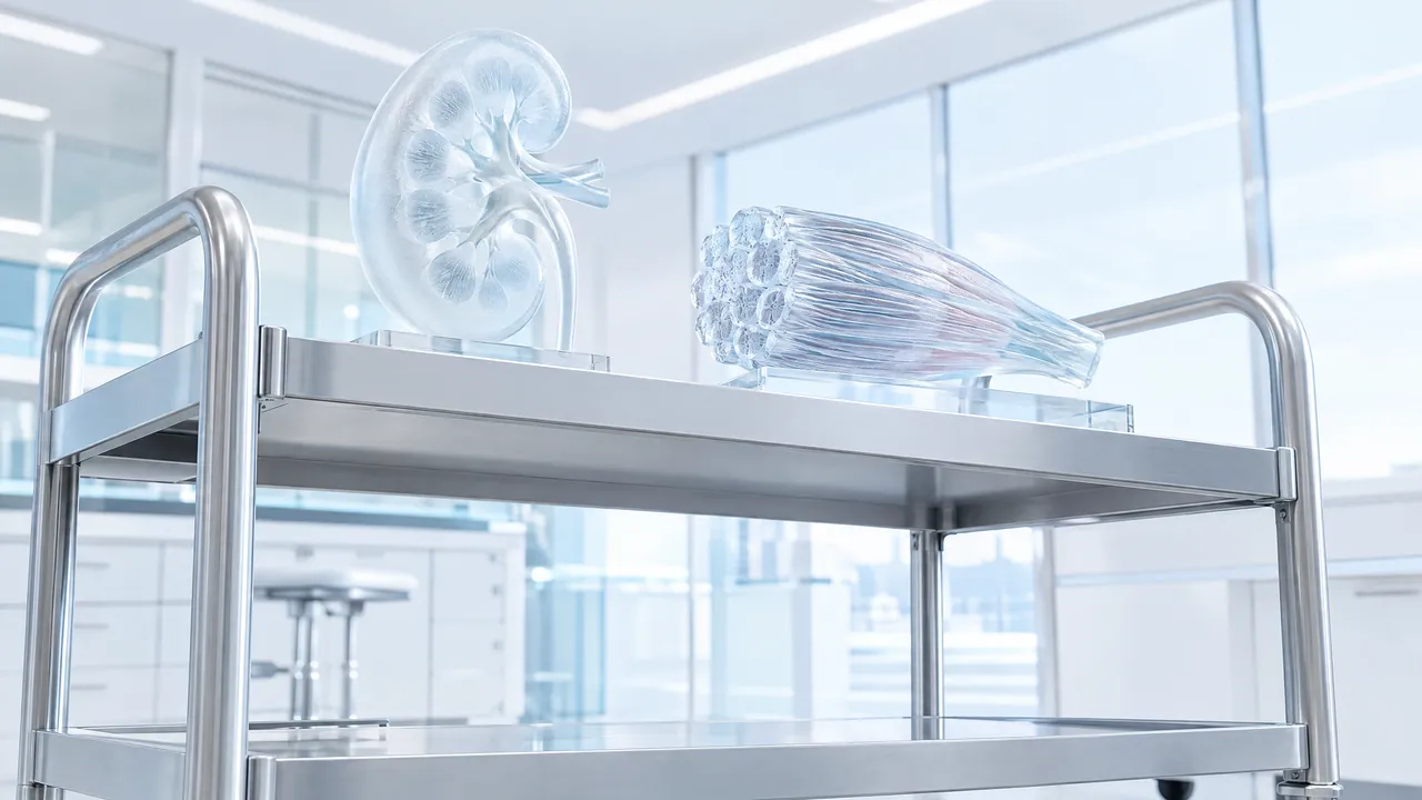 Stainless steel lab cart with a frosted glass kidney and a glass bundle of muscle fibres on the top tray