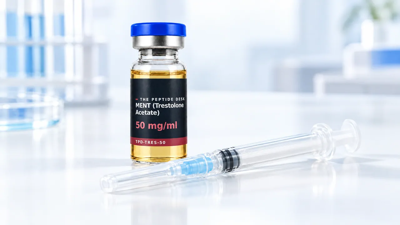 Glass vial with golden oil, a blue cap and a black TPD label for MENT (Trestolone Acetate), a disposable syringe beside it
