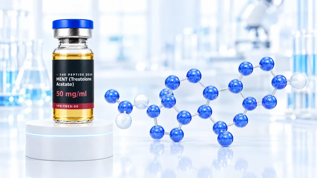 Glass vial with golden oil and a black TPD label on a white podium, next to it a glossy blue 3D steroid molecule in a bright lab, symbolic image for Trestolone Acetate