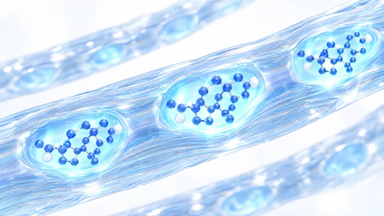 Glassy muscle fibres with embedded blue 3D molecules in glowing blue chambers