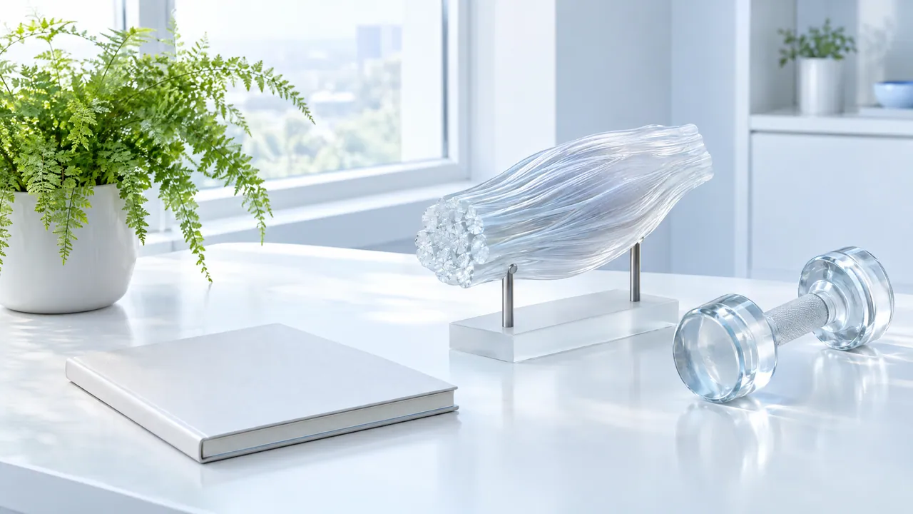 Glass muscle model on a stand, next to it a glass dumbbell, a closed book and a fern on a white table