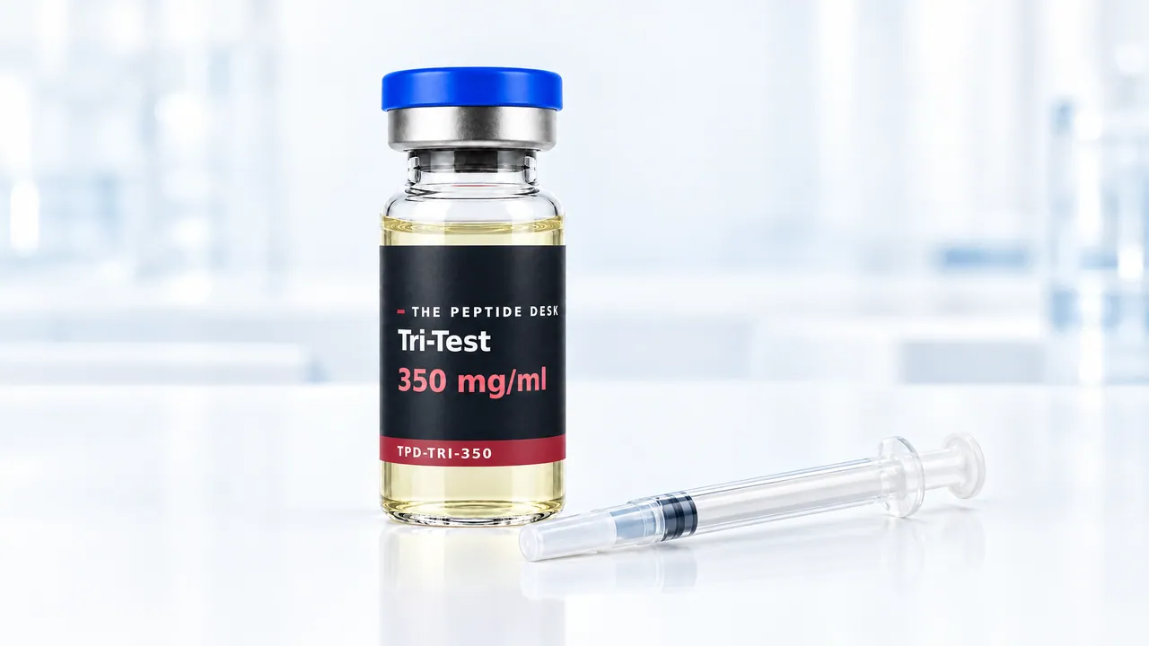 Glass vial with pale yellow oil, a blue cap and a black TPD label for Tri-Test, a disposable syringe beside it