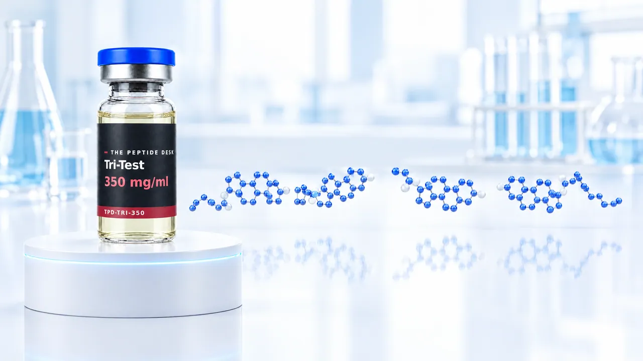 Glass vial with golden oil on a white podium, next to it a glossy blue 3D steroid molecule, symbolic image for Tri-Test