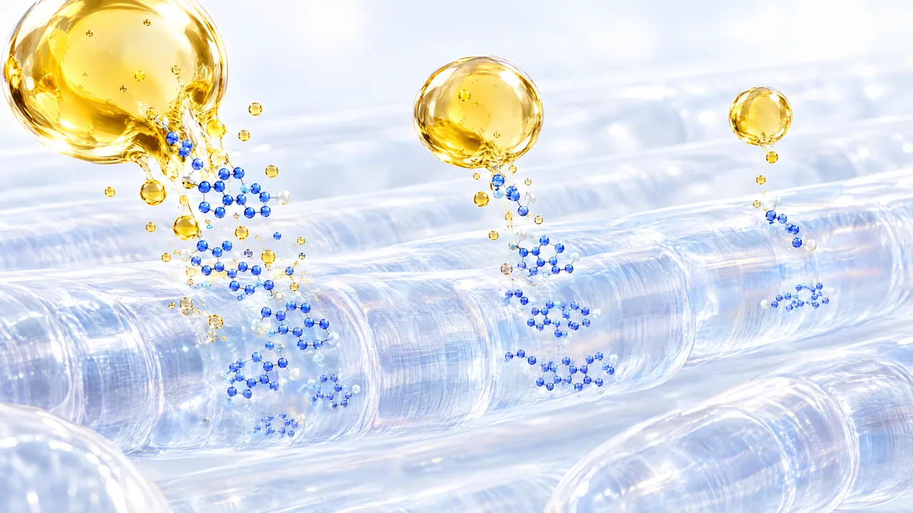 Golden oil droplets above glass muscle fibres release blue molecules that trickle down onto the fibres