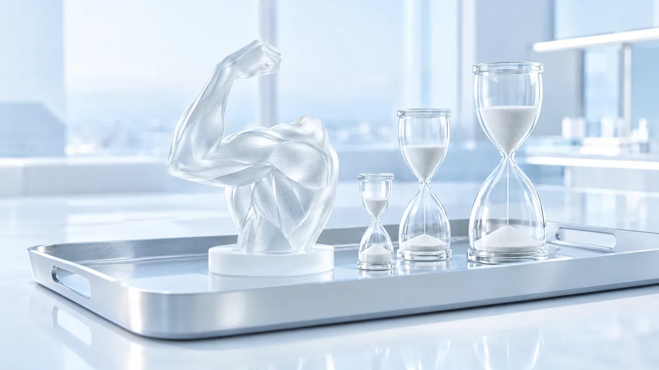 Frosted glass torso with a flexed arm next to three hourglasses of different sizes on a silver tray