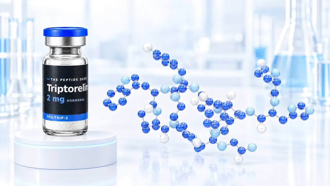 Triptorelin vial with the black TPD label on a white podium, next to a curved molecule chain of blue and white spheres in a bright lab