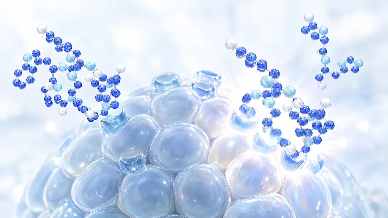 Blue 3D peptide chains docking onto a cluster of glass cells with small docking sites, one half lights up brightly