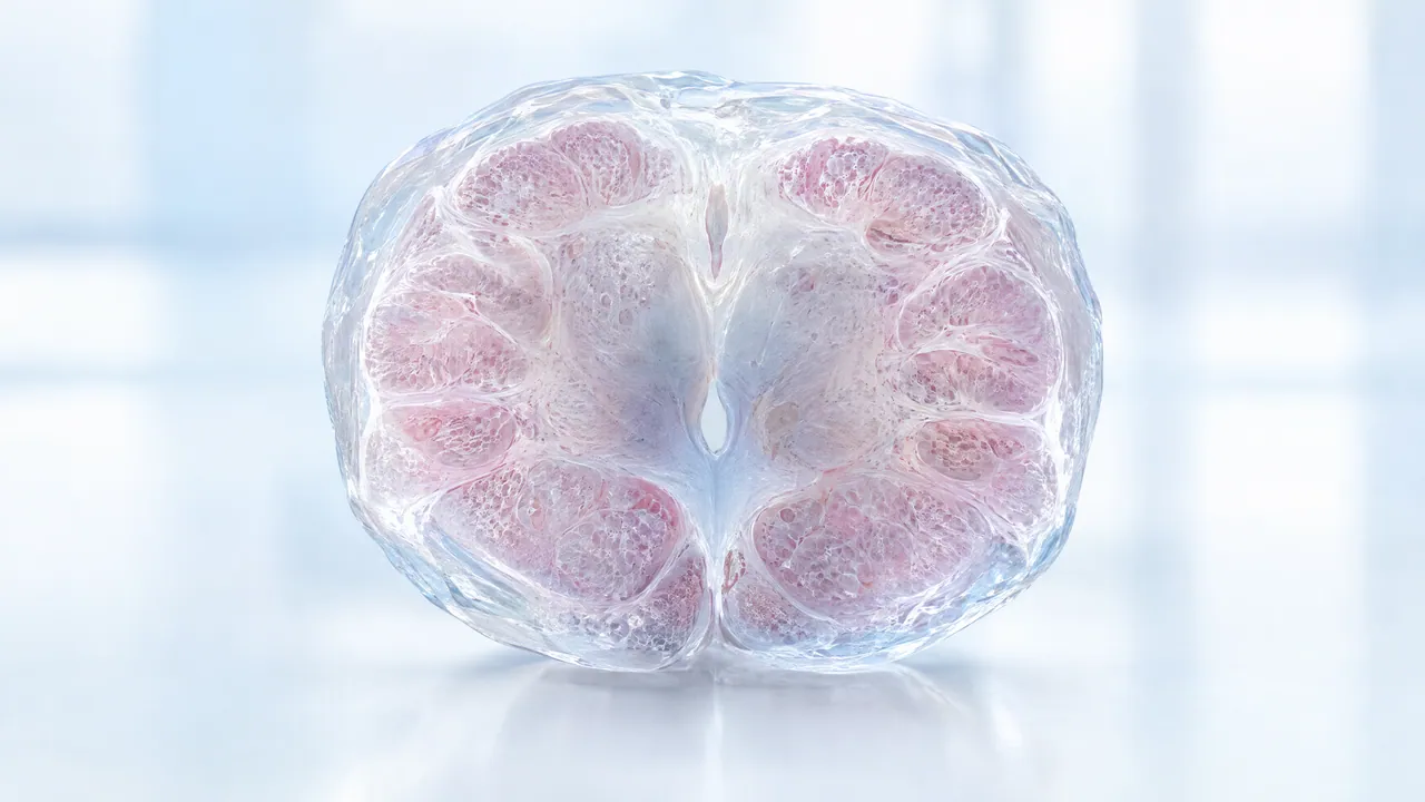 Glass cross-section model of prostate tissue with pink lobules against a light background