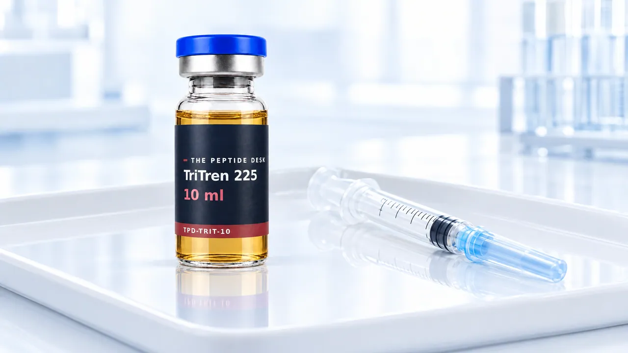 Glass vial with golden oil, a blue cap and a black TPD label for TriTren 225, a disposable syringe beside it on a white tray
