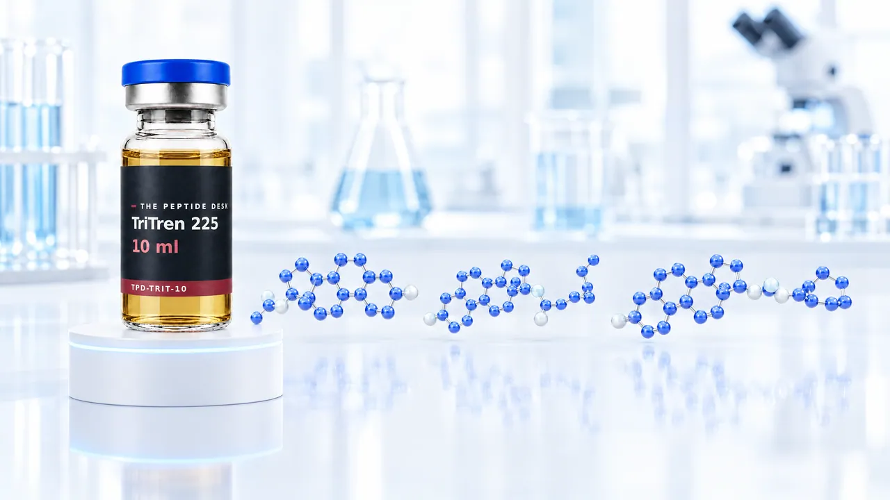 Glass vial with golden oil on a white podium, next to it a glossy blue 3D molecule, symbolic image for TriTren 225