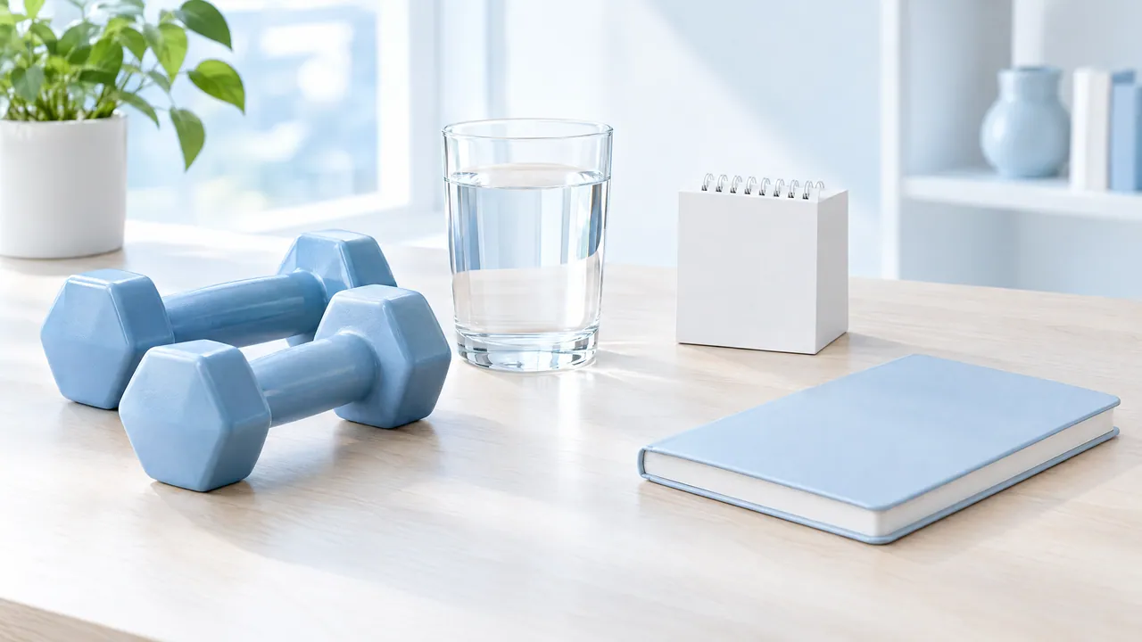 Two light blue dumbbells, a glass of water, a white desk calendar and a light blue notebook on a wooden table