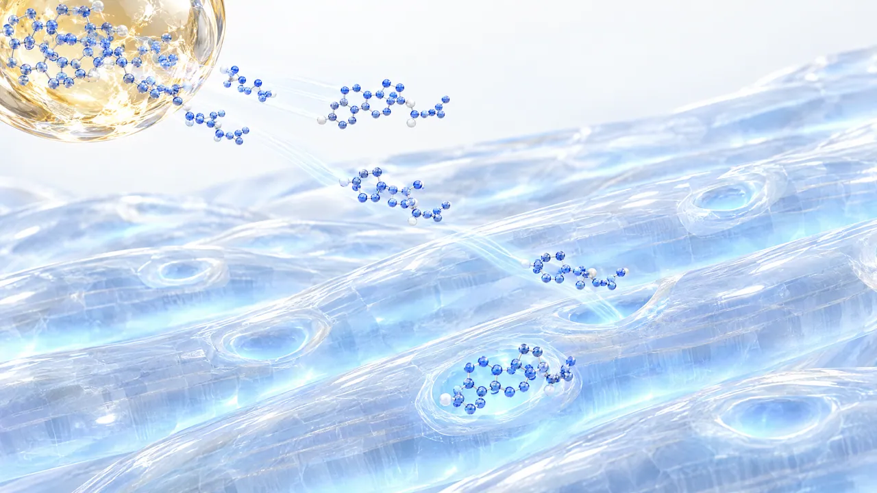 A golden oil droplet releases blue molecules that travel to hollows in glass muscle fibres and dock there