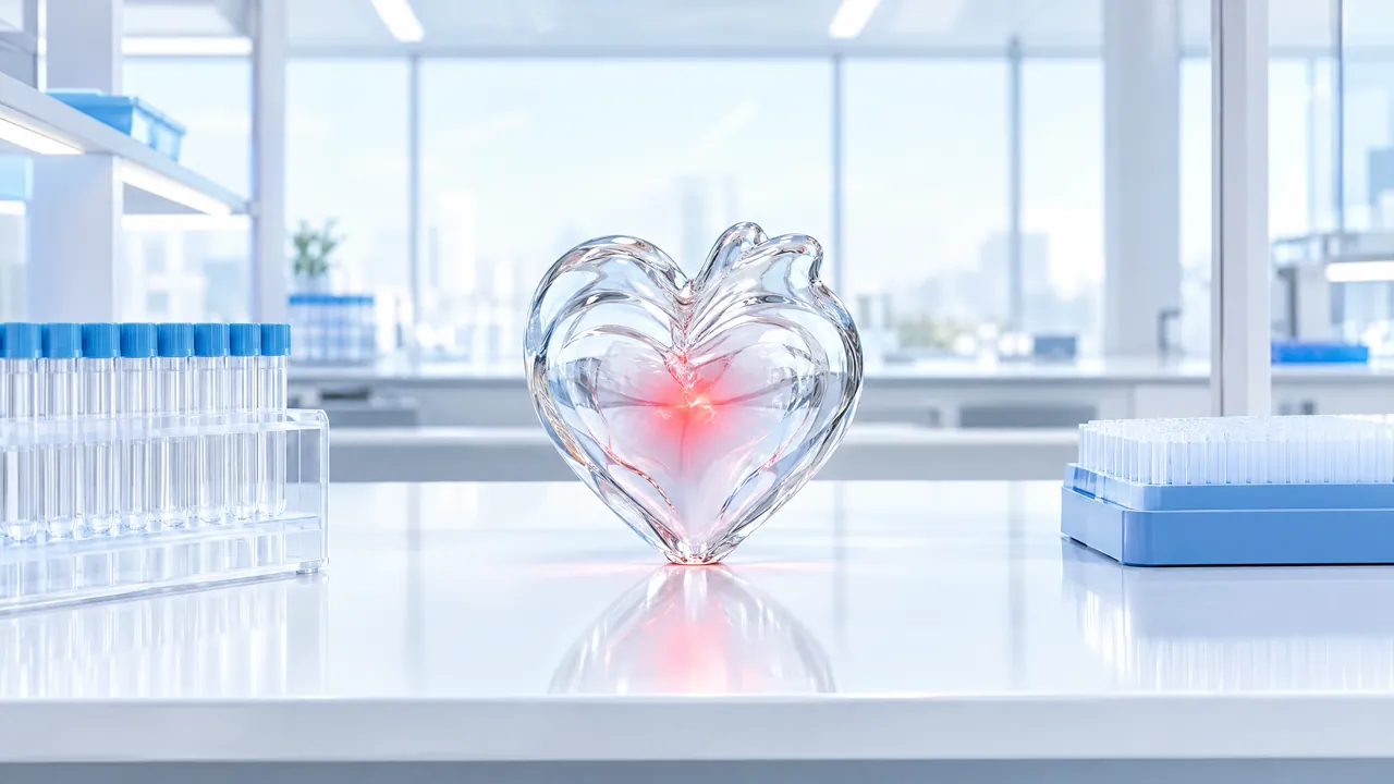 Heart of clear glass with a red glowing core on a bright lab bench, test tubes and a blue pipette box beside it