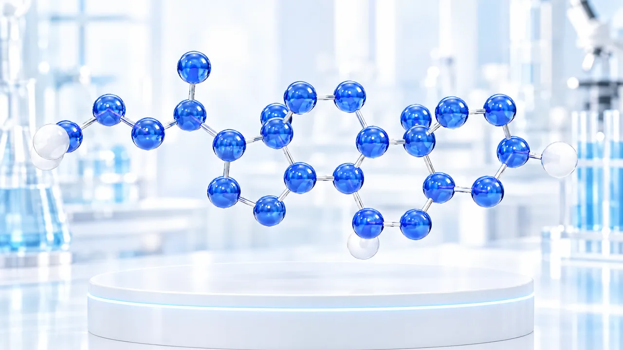 Blue 3D molecule model of several rings with white end atoms above a white podium with a glowing rim in a bright lab, symbolic image for ursodeoxycholic acid