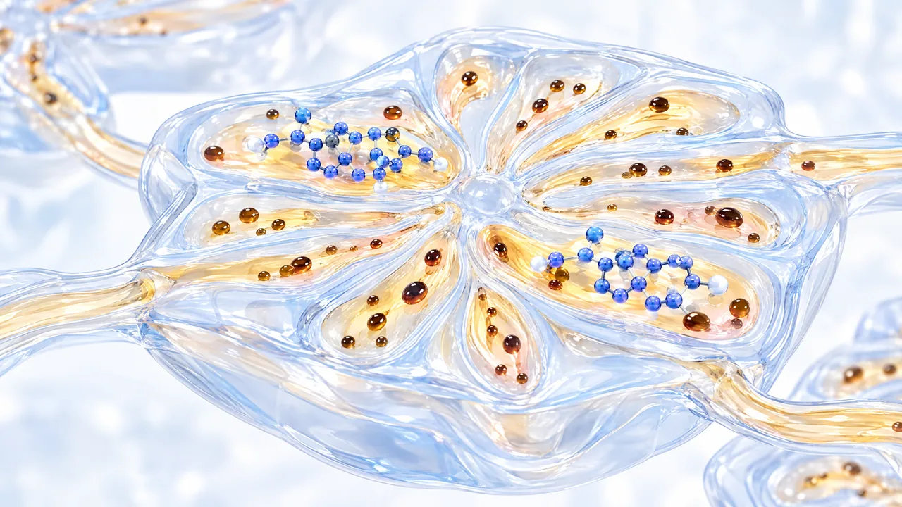 Close-up of a translucent glass liver lobule with golden channels and amber droplets, small blue molecule chains in between