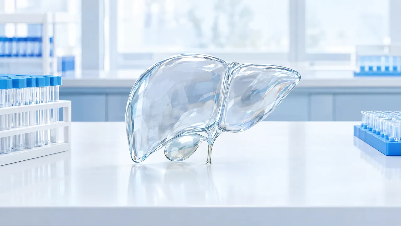Glass liver with a small glass gallbladder on a white lab bench, test tube racks with blue caps to the left and right