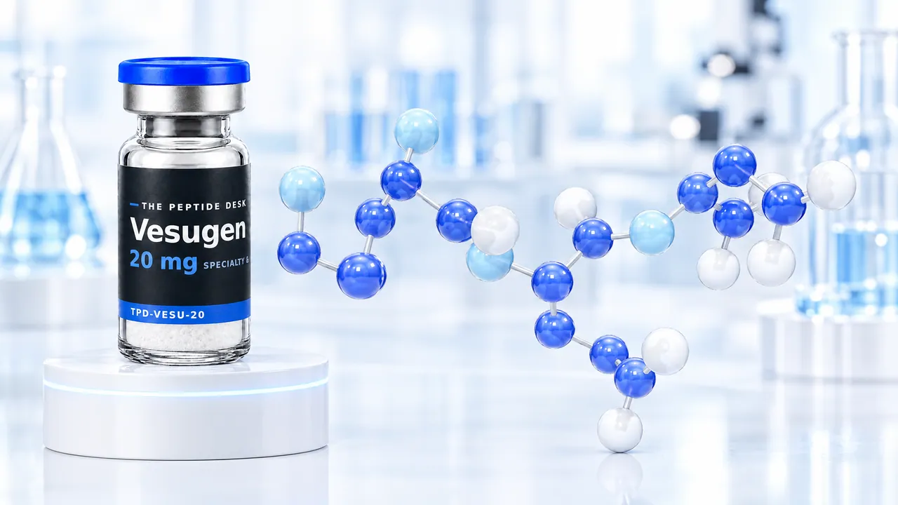 Vesugen vial with the black TPD label on a white podium, next to a short molecule chain of blue and white spheres in a bright lab