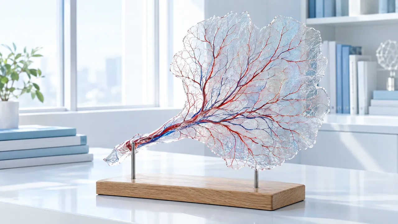 Glass network of fine blood vessels fanned out like a leaf on a wooden stand in front of a bright window