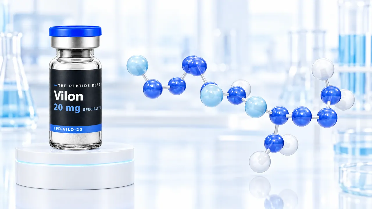 Vilon vial with the black TPD label on a white podium, next to a short molecule chain of blue and white spheres in a bright lab