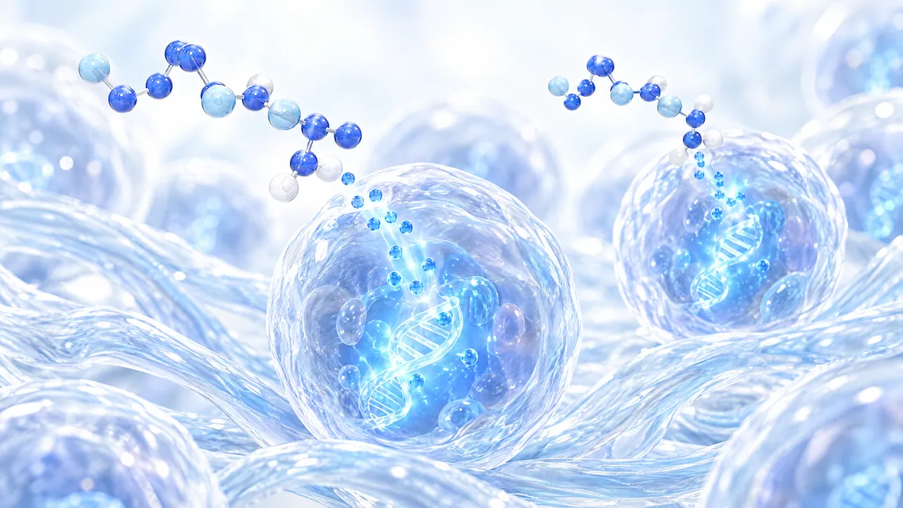 Glass cells with glowing DNA inside, surrounded by tissue fibres, small blue molecule chains moving in