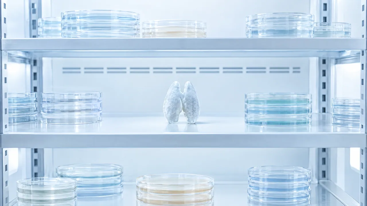 Cold-room shelves with stacked petri dishes, a small glass thymus in the middle