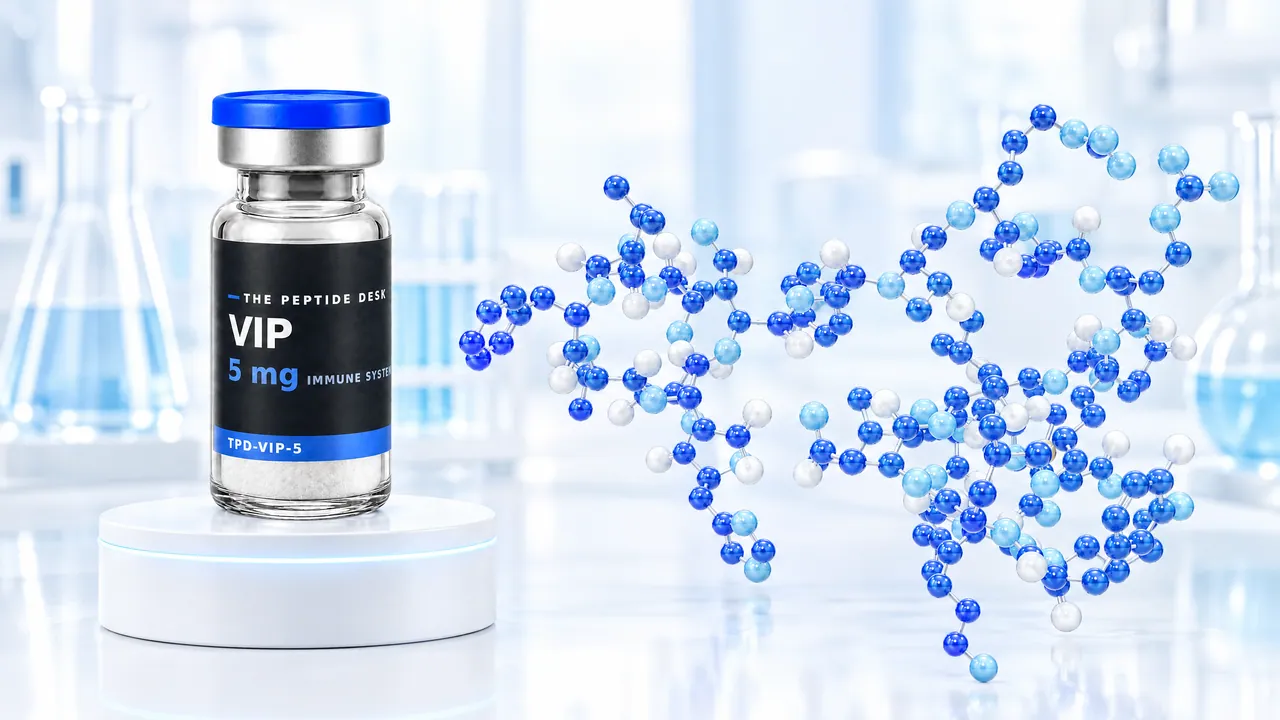 VIP vial with the black TPD label on a white podium, next to a large folded molecule model of blue and white spheres in a bright lab