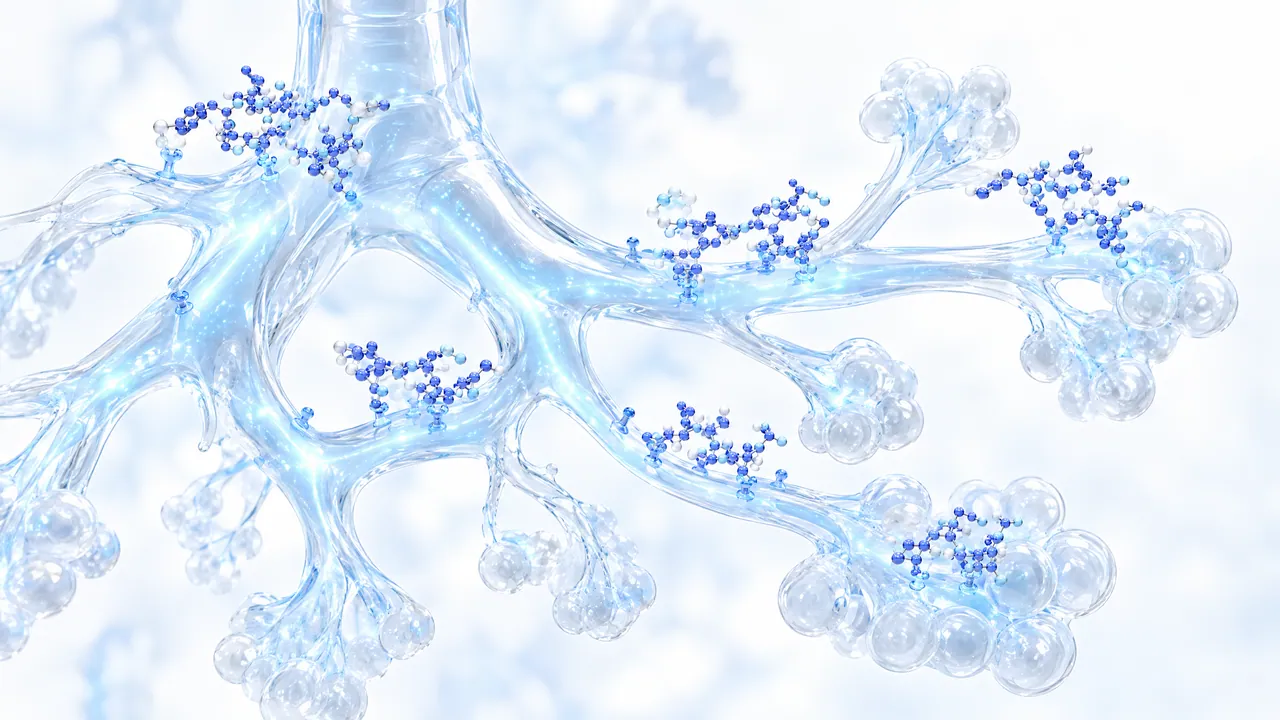 Glass bronchial tree with fine branches and air sacs, small clusters of blue molecules resting on it