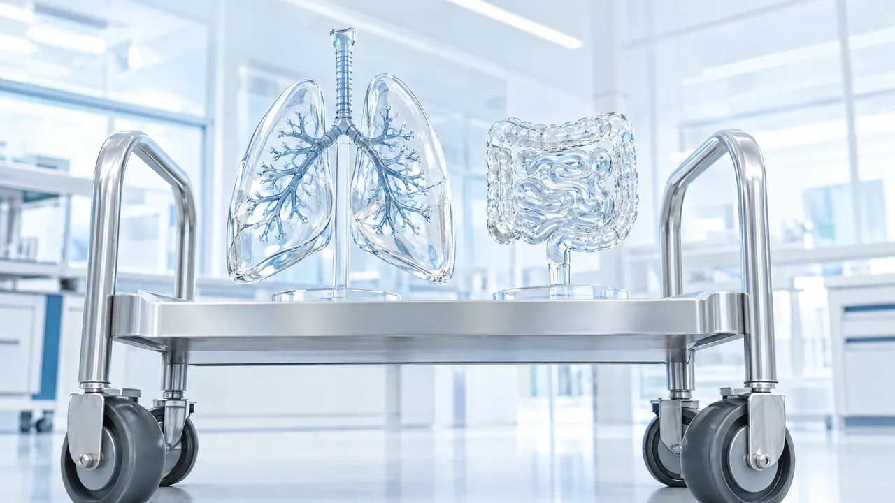 Lab cart with a glass lung model and a glass intestine loop side by side in a bright lab