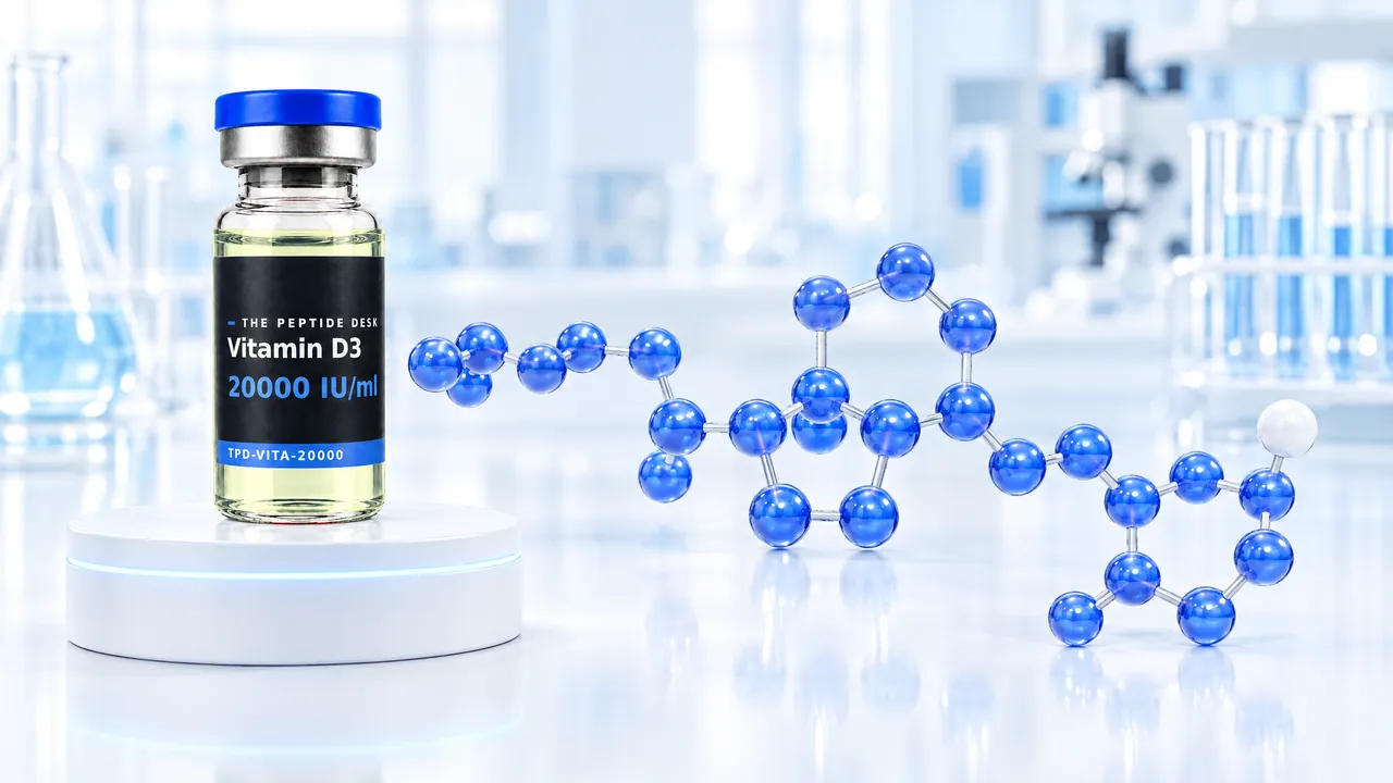 Vitamin D3 vial with yellowish solution, blue cap and the black TPD label on a white podium, next to a blue 3D molecule model with rings in a bright lab