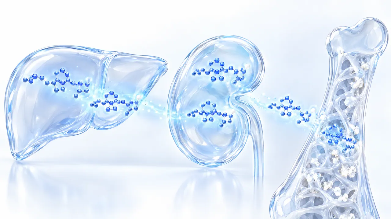 Glass liver, kidney and a bone side by side, small blue molecules travelling from the liver via the kidney to the bone