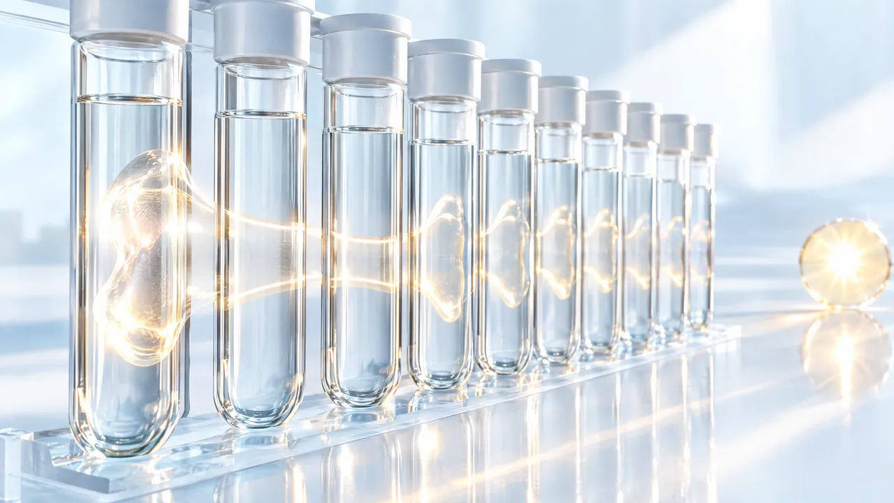 Row of sealed test tubes in warm light, a small glowing glass disc like a sun at the end