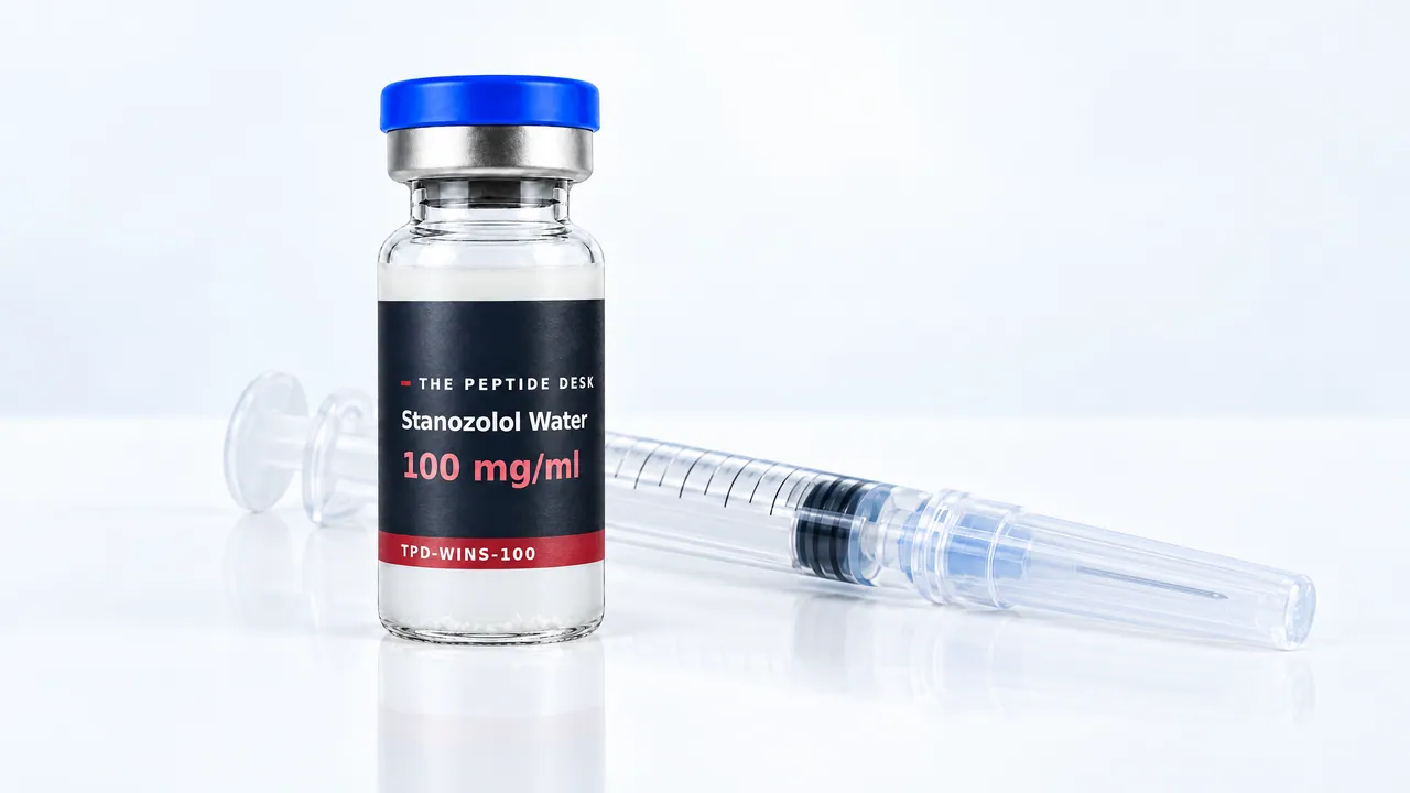 Glass vial with milky white suspension, a blue cap and a black TPD label for Stanozolol Water, a disposable syringe beside it