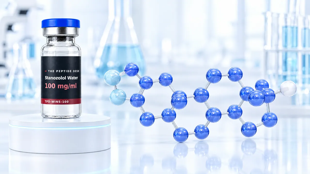 Glass vial with the black TPD label and a blue cap on a white podium, next to it a blue 3D steroid molecule, symbolic image for Stanozolol Water