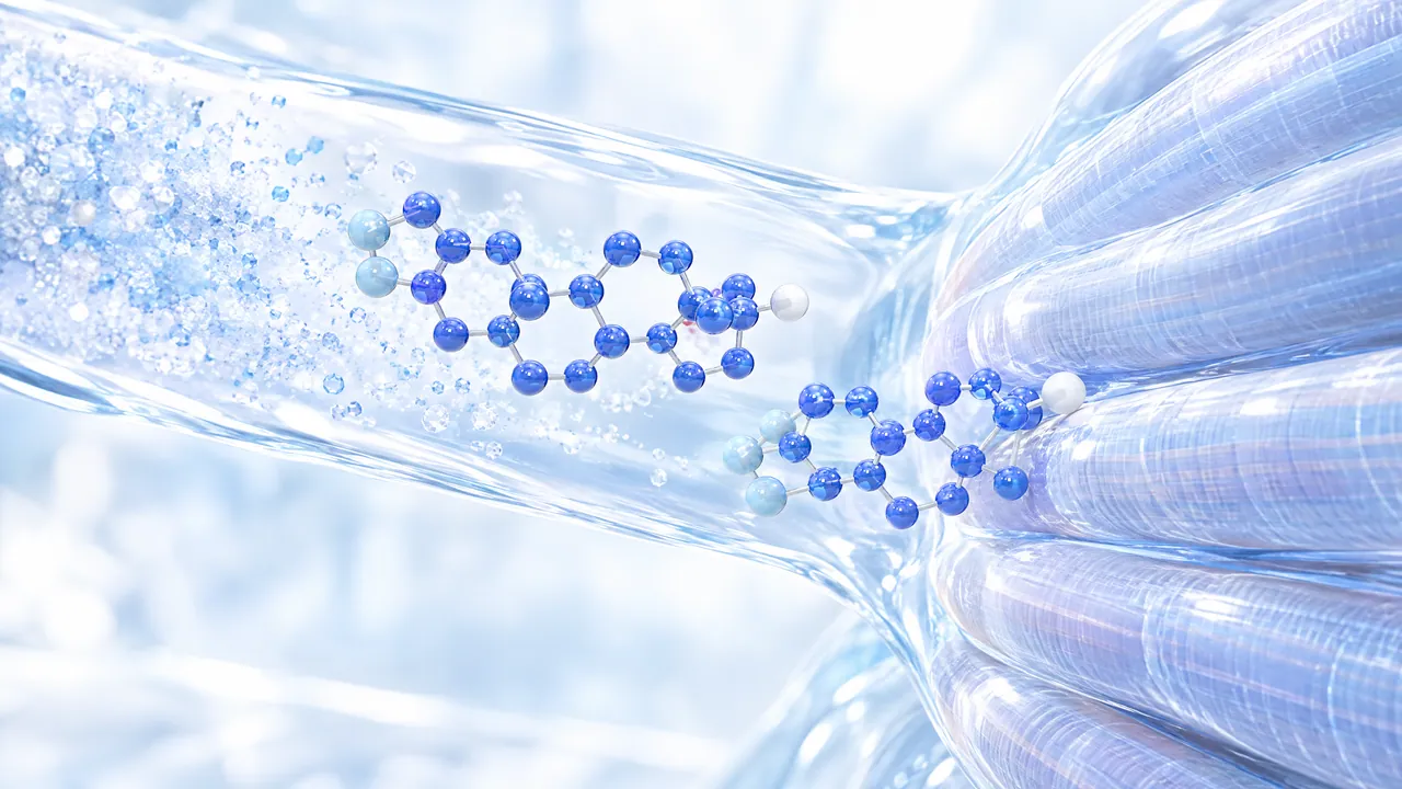 Blue 3D molecules streaming through a glass tube into a bundle of translucent fibres, suggested muscle fibres