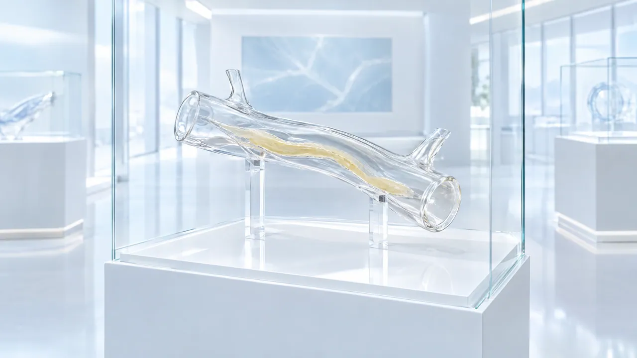 Glass model of a branching blood vessel with a yellow deposit in a display case on a white plinth