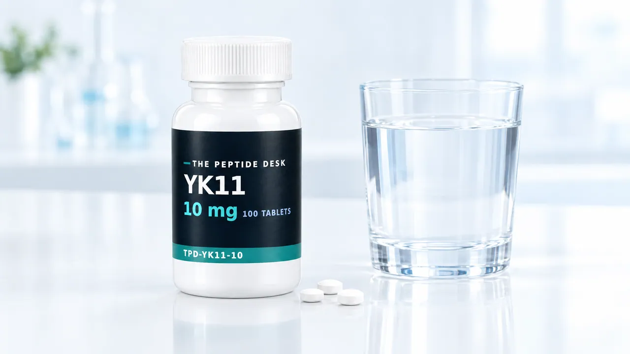 White tablet bottle with a dark TPD label, three white tablets in front, a glass of water beside it on a bright table