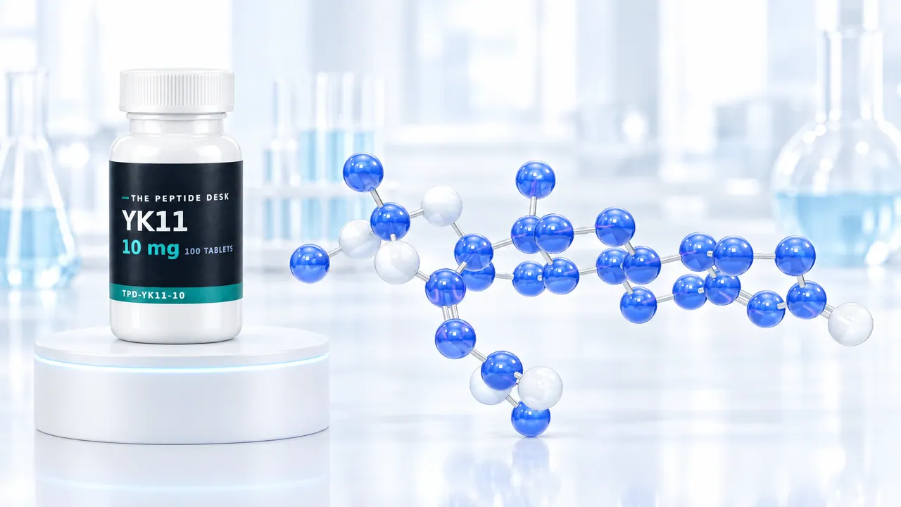 White tablet bottle with a dark TPD label on a white podium, next to it a large blue 3D molecule model with white atoms in a bright lab, symbolic image for YK11