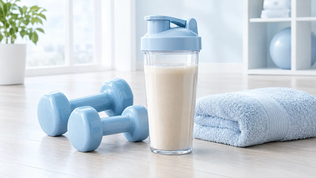 Two light blue dumbbells, a shaker with a pale drink and a folded light blue towel on a wooden floor