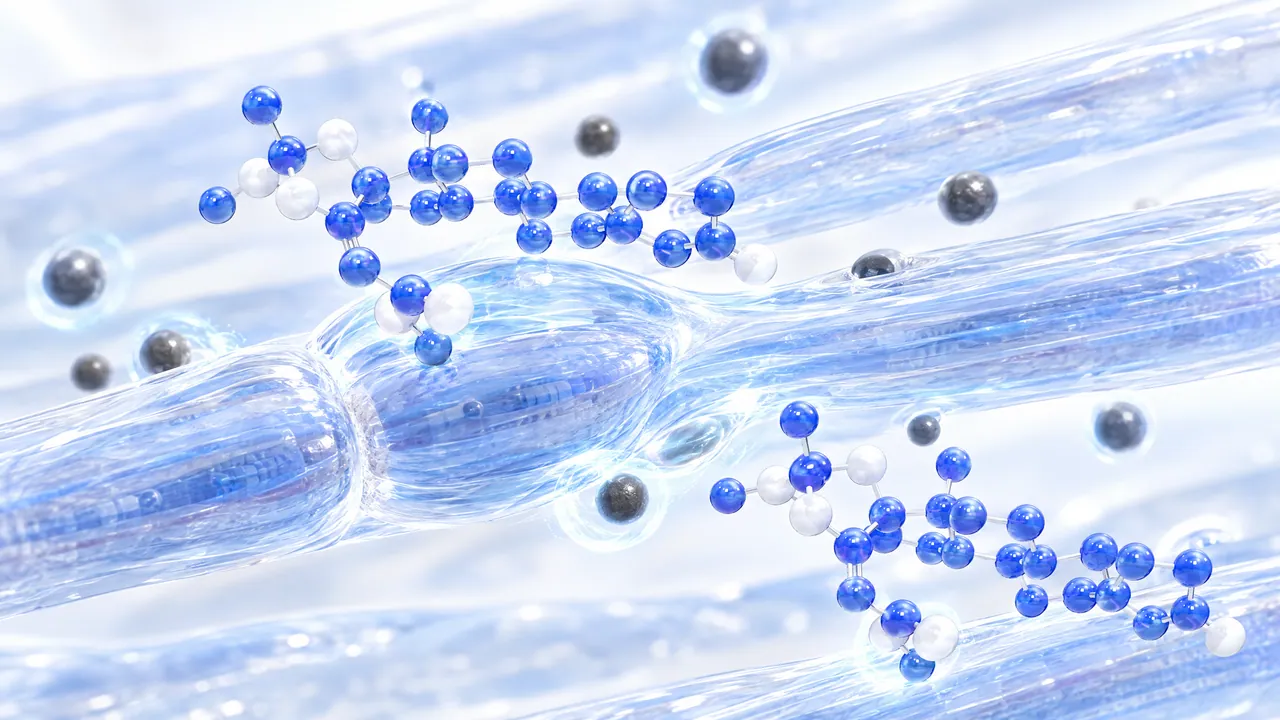 Close-up of translucent light blue muscle fibres with blue and white molecule chains and dark spheres between them