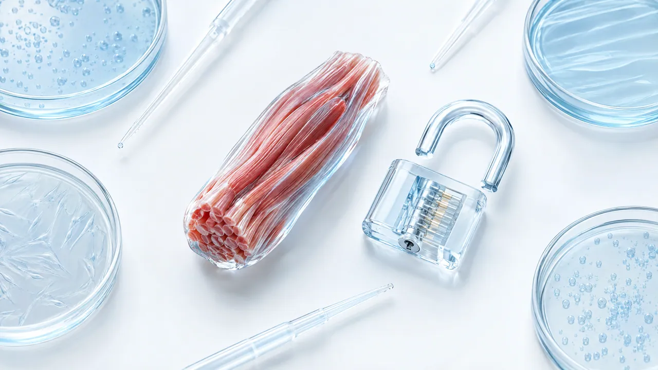 Top view of petri dishes and pipettes around a glass bundle of red muscle fibres and an open glass padlock